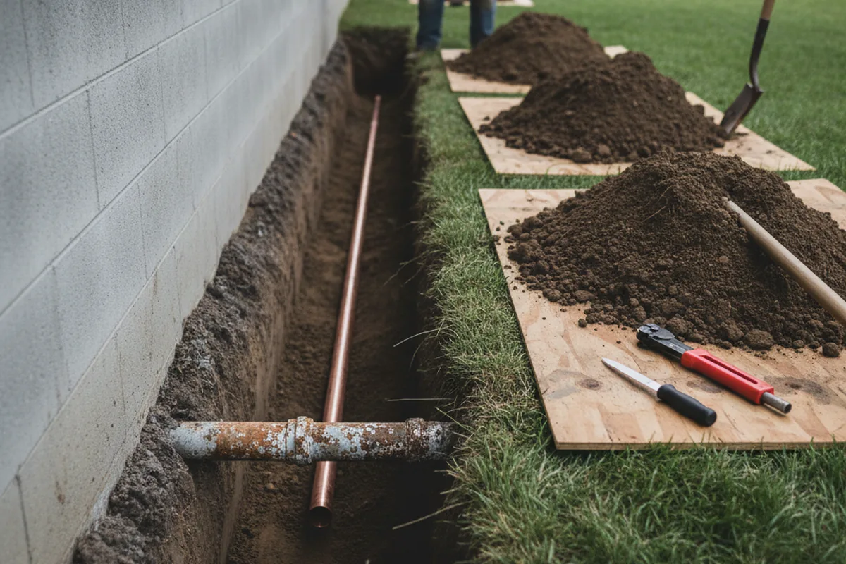 Excavated water line trench during Water Heater Repair in Park Hill